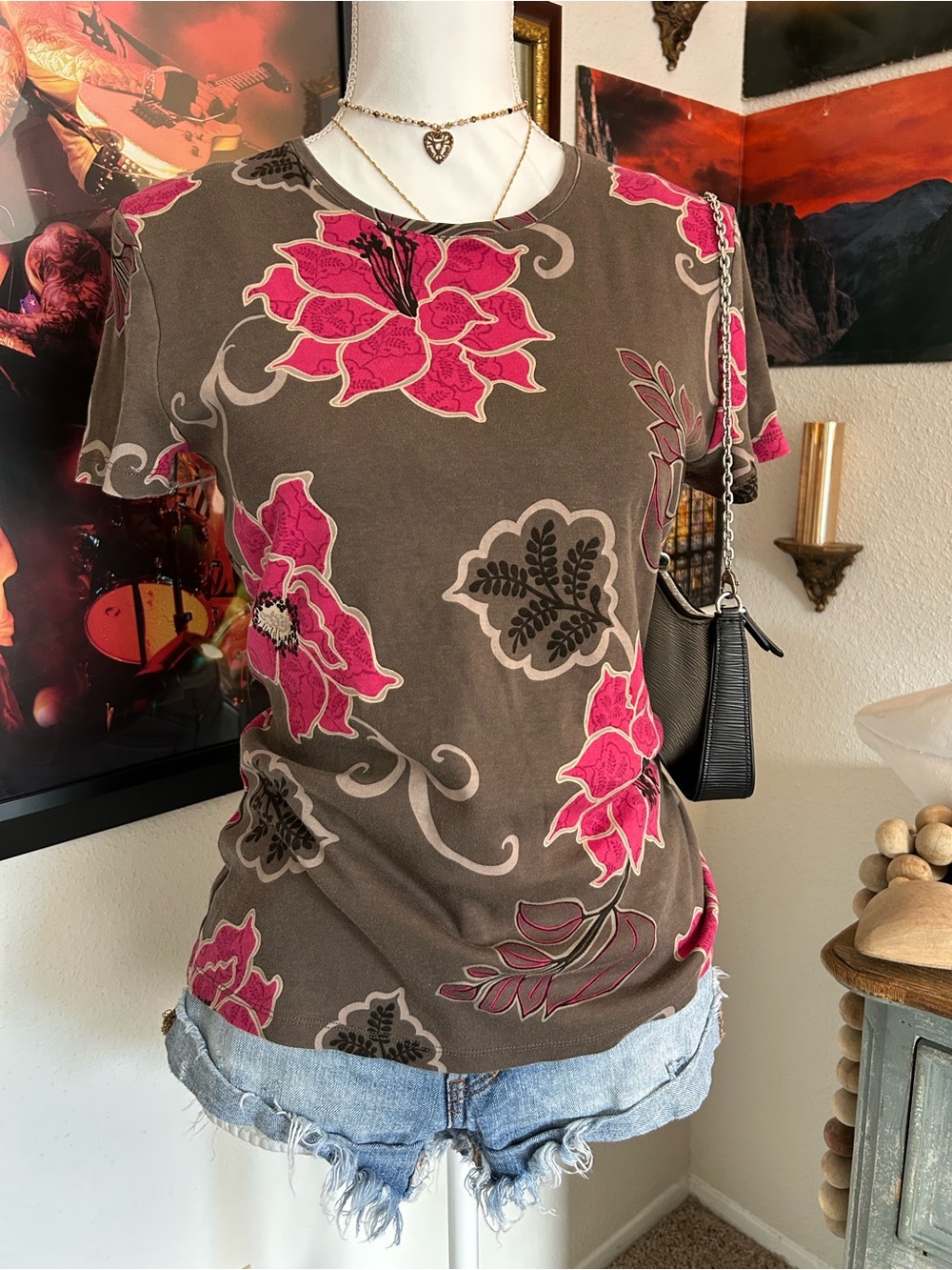 Fairy Grunge Floral Baby Tee Womens Size M Whimsigoth Y2K Artsy Hibiscus Layer